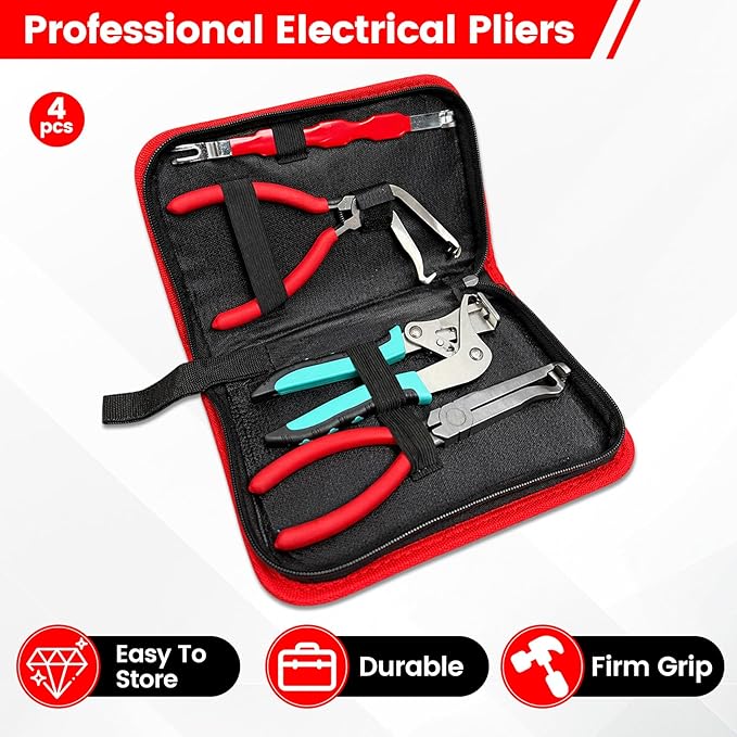 4Pcs Car Clip Pliers and Disassembly Tools, Efficient Multi-Functional Automotive Snap Pliers, Electrical Disconnect Plier for Cars, with Straight & 60° Plier, in Storage Box