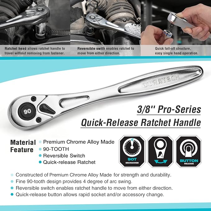 DURATECH 3/8-Inch Drive Ratchet Handle, Ratchet Socket Wrench | 90 Tooth, 8-3/8" Length, Heavy Duty, Professional Ratchets, Quick-Release Reversible, Chrome Alloy Made, Polished Chrome