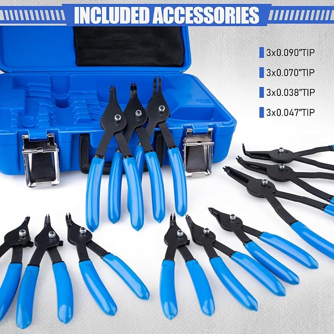 12 Piece Snap Ring Pliers Set, 0.038” 0.047” 0.070” 0.090”