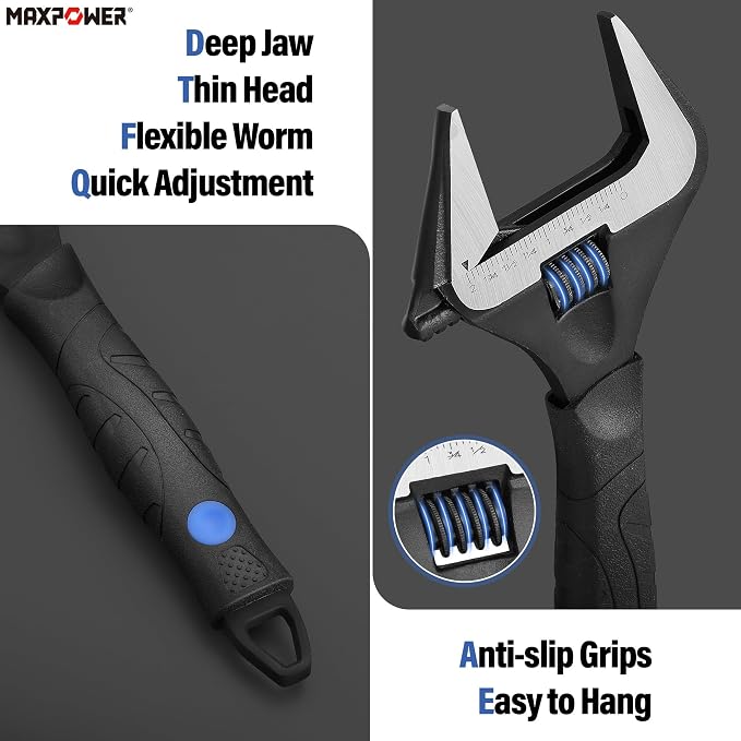 MAXPOWER 10-inch Wide Jaw Adjustable Wrench, 2-inch Jaw Capacity | Cr-V Steel, Stubby Plumbing Wrench, Soft Grips, Smooth Jaws
