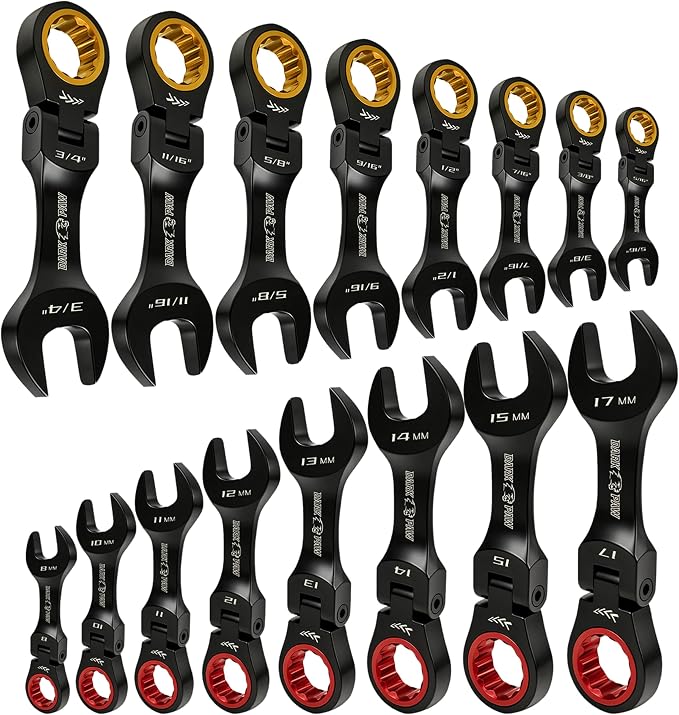 16PCS Stubby Flex Head Ratcheting Wrench Set, SAE & Metric Combination Wrenches, 72-Tooth Short Handle Ratchet Spanner Set for Tight Spaces, Auto Repair & Garage Maintenance, 8-17mm & 5/16"-3/4"