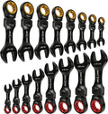 16PCS Stubby Flex Head Ratcheting Wrench Set, SAE & Metric Combination Wrenches, 72-Tooth Short Handle Ratchet Spanner Set for Tight Spaces, Auto Repair & Garage Maintenance, 8-17mm & 5/16"-3/4"