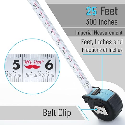 Mr. Pen- Retractable Tape Measure 25 ft, 2 Pack, Sky Blue, Easy Read, Steel Retractable Measuring Tape with Fractions, Ideal for Construction & DIY Projects