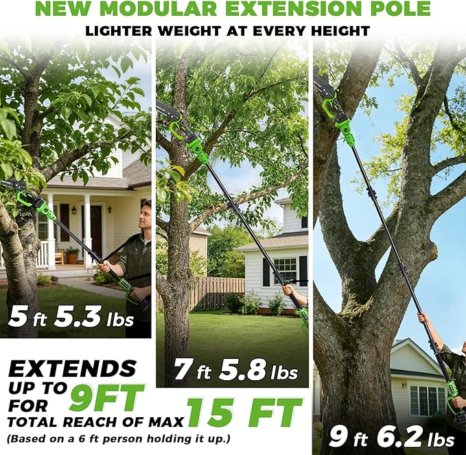 2-in-1 Electric Pole Saws for Tree Trimming, 6 Inch Mini Chainsaw Cordless with Lightweight Extension Pole, 2 * 4.0Ah Battery Powered Pole Chain Saw, 15ft Max Reach for Tree Trimmer Wood Cutting