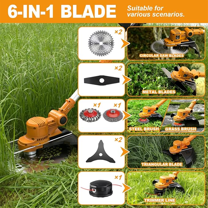 Weed Wacker Cordless for Dewalt 20V Battery, Weed Eater Battery Powered with 6 Types of Blades, Brushless Electric Weed Wacker, Brush Cutter for Lawn, Yard and Bush Trimming (No Battery)