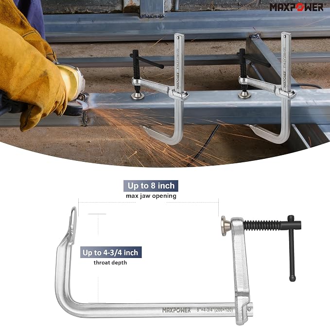 MAXPOWER 8-inch F Clamp, 4-3/4" Throat, Forged Full Steel Bar Clamp