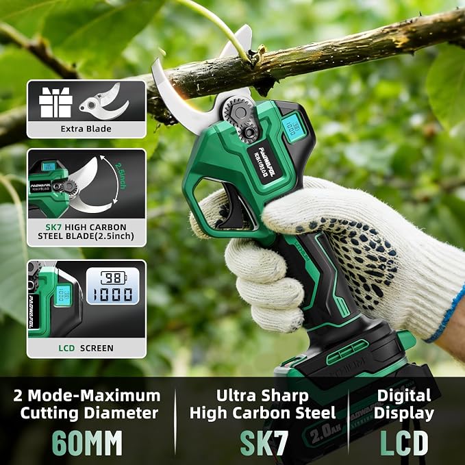 2.1“/54mm Electric Pruning Shears, Upgraded Cordless Electric Scissors, with Brushless Motor | Dual 2.0Ah Battery | Sk7 Blade | LCD Display for Heavy-Duty Garden, Orchard & Branch Cutter