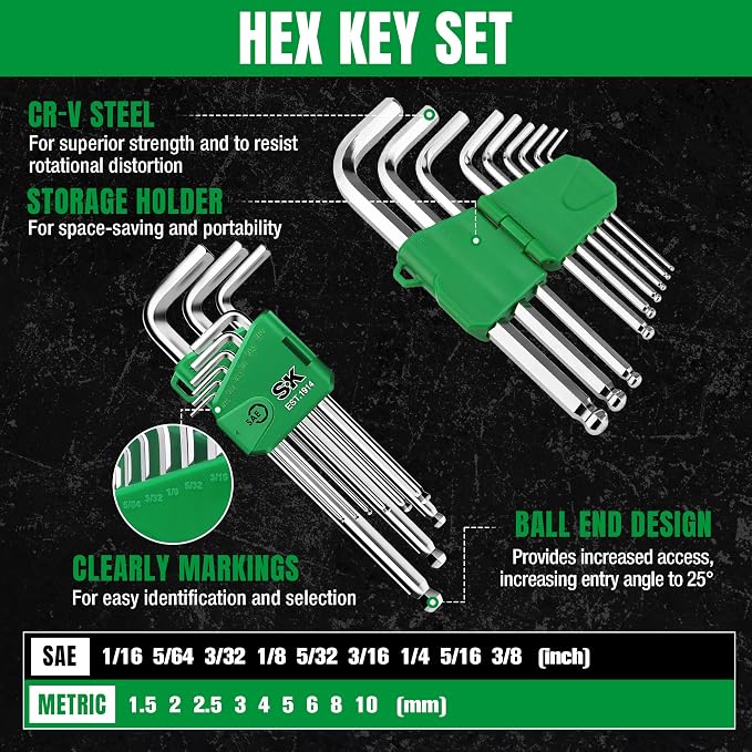 SK 163-Piece Mechanics Tool Set, 1/4", 3/8" & 1/2" Drive Socket, SAE&Metric | Professional Tool Set with 72-Tooth Pear Head Ratchet, Deep & Shallow Sockets, SuperKrome Finish, with Storage Suitcase