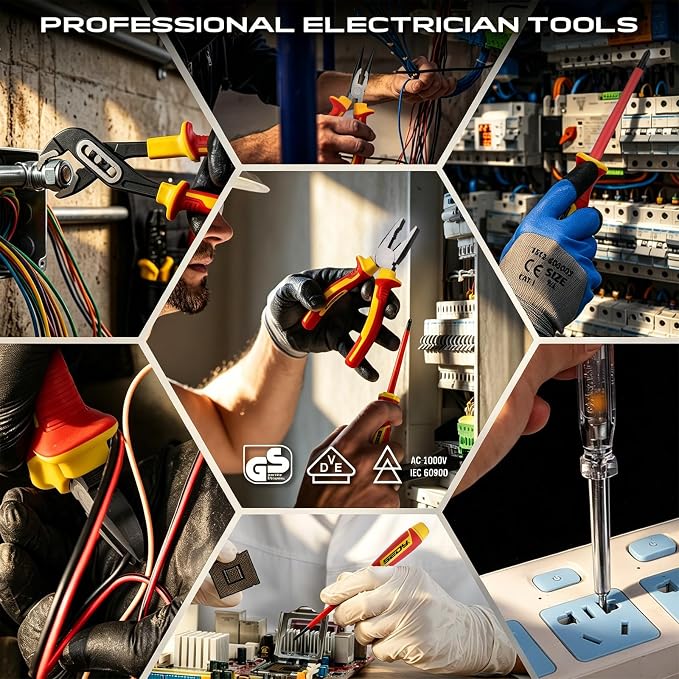 18-Piece Insulated Electrician Tool Set, VDE 1000V Insulated Screwdrivers, Voltage Tester, Long Nose, Diagonal Cutting and Water Pump Pliers for Electrical Work, Home Repair and Maintenance