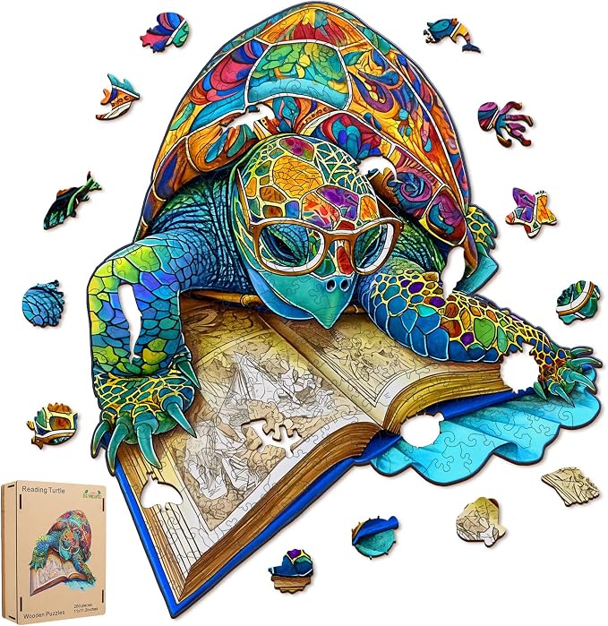 Bovearto 500 Piece Puzzles for Adults, Book Turtle Unique Shape | Wooden Puzzle, Challenging Family Game with Wooden Puzzle Box, Home Decor(16.2"x16.5")