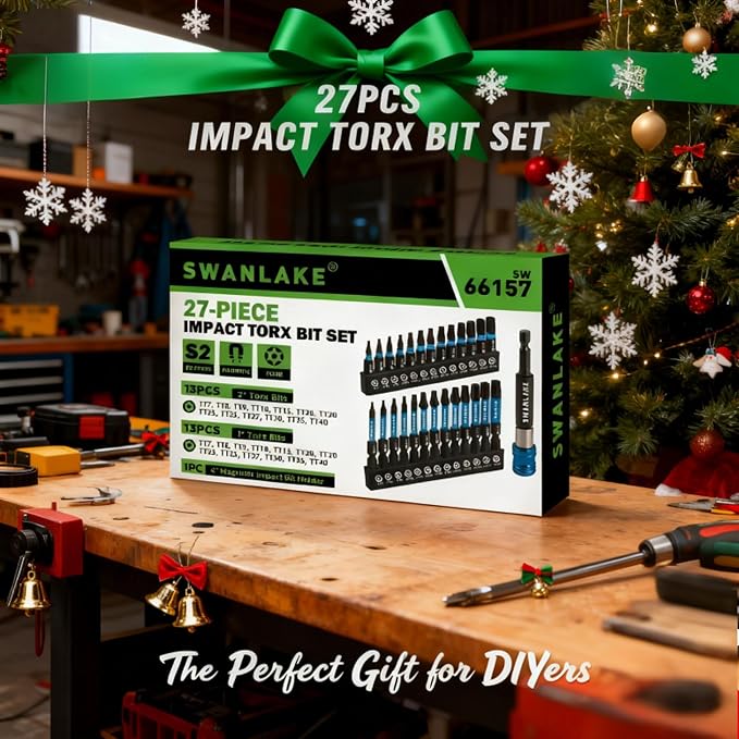 SWANLAKE Impact Torx Bit Set, 27-piece (TT7-TT40) 1''&2'' Security Tamper Proof Magnetic Screwdriver Bits, CNC Machined Tips, S2 Steel Long Torque Star Bits with 4'' Impact Bit Holder and Storage Box