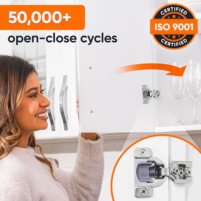 Decobasics 60 Pack Soft Close Cabinet Hinges – 3/4" Overlay for Kitchen Cabinet Doors, Face Frame Concealed Hidden Hinges – Stainless Steel, Self-Closing with 3-Way Adjustment & Slow Close Damper