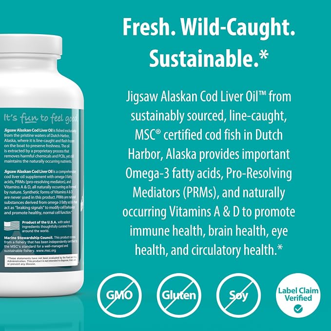 Jigsaw Health Alaskan Cod Liver Oil | 900 mg Omega-3s with EPA, DHA, and DPA | Includes Naturally Occuring Vitamins A & D | 180 Softgels | 60 Servings