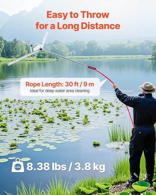 VEVOR Lake Weed Cutter, Pond Aquatic Plant Cutting Tool with 48 in Max. Cut Width, Sharp and Heavy-Duty Steel Blades, Pond Rake with 30 ft Throw Rope, for Cattail, Phragmites, Lilly Pads & Chara