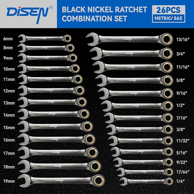 DISEN Ratcheting Wrenches Set 90 Tooth Fixd-Head with Nickel Plating 26 Pcs | Ratchet Wrenches Set 13pcs Metric(6-19MM) +13pcs SAE (1/4-13/16In) with Organizer Racks per Set, Cr-V, for DIY Holiday Gift