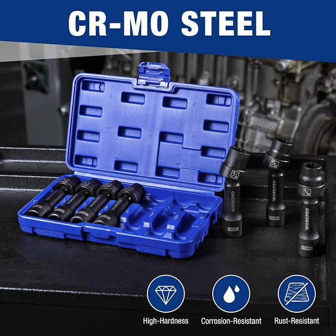 WORKPRO 7PCS 1/2" Drive Driveline Socket Set with Storage Case | 12-Point SAE Swivel Socket, CR-MO Steel Driveline Limited Clearance Socket Set for Automotive and Mechanical Use