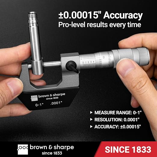 Brown & Sharpe Mechanical Outside Micrometer, 0-1 Inch, 0.0001 Inch Graduation, Tungsten Carbide Measuring Faces, Ratchet-Stop Mechanism, Satin Chrome Finished Scale