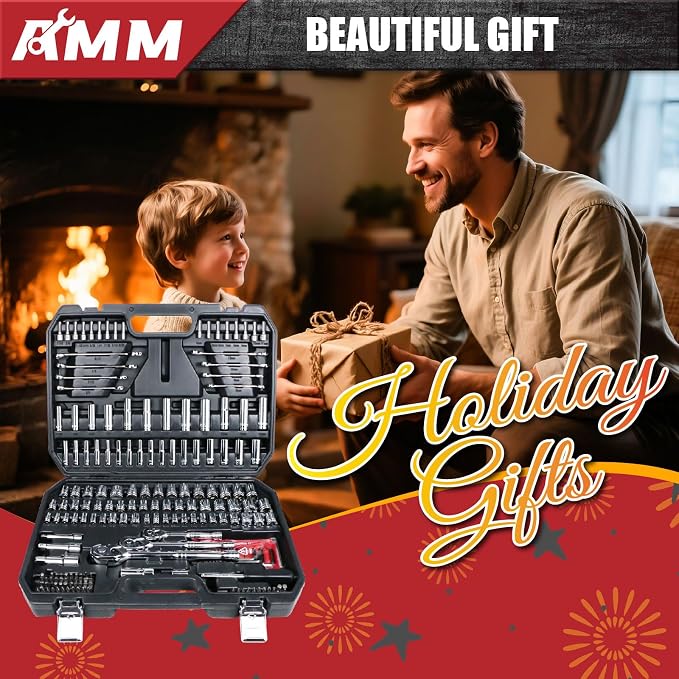 AMM Mechanics Tool Set, 1/4 in, 3/8 in and 1/2 in Drive socket set, 202 Piece