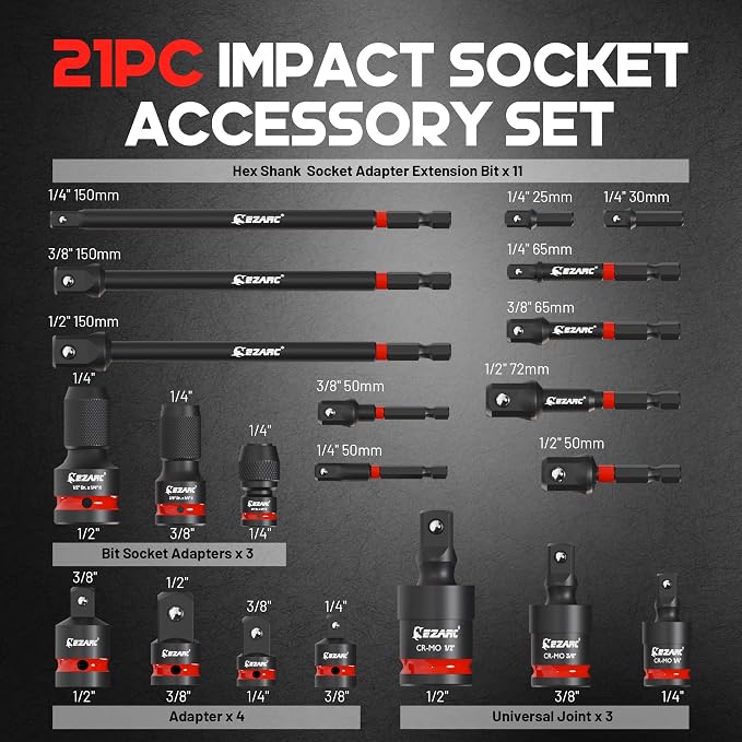 EZARC 21PCS Impact Socket Adapter Set with Swivel Joints and Couplers | 1/4", 3/8", 1/2" Drive, Hex Extension Bits, Universal Swivel Joints, Reducers, Impact Couplers, CR-MO and CR-V Steel, Tray