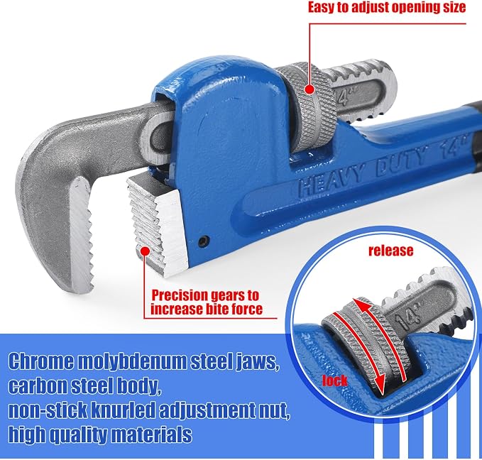 Gisafai 8" 10" 12" 14" 18" 24" Straight Heavy Duty Pipe Wrench Set Plumber Adjustable Water Alloy Steel Grip Plumber's Wrench Plumbing Tools, Blue