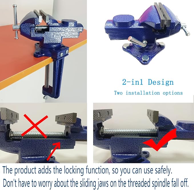 2-in-1 Dual-Purpose Combined Bench Vise or Table Vise, With end-point locking device, Portable Universal Rotate 360° Work Clamp-On Vise, 3.2" Blue