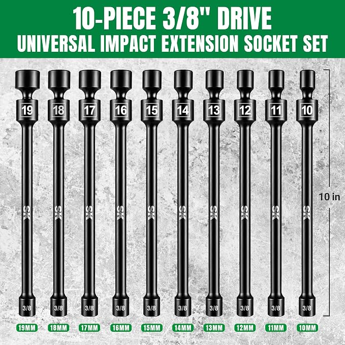 SK 3/8'' Drive Pinless Universal Impact Extension Socket Set, CR-Mo Steel | 360° Swivel, Metric 6-Point 10-19mm Wobble Socket, 10-Piece, Exceeds ANSI/ASME by 1.3X Torque, 10'' Long Reach Torque Saver