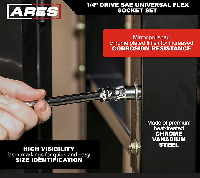 ARES 39014 7-Piece 1/4-Inch Drive SAE Universal Flex Socket Set | 6-Point Sockets from 3/16-Inch to 9/16-Inch; Universal Joint Flex Design For 360 Degree Access