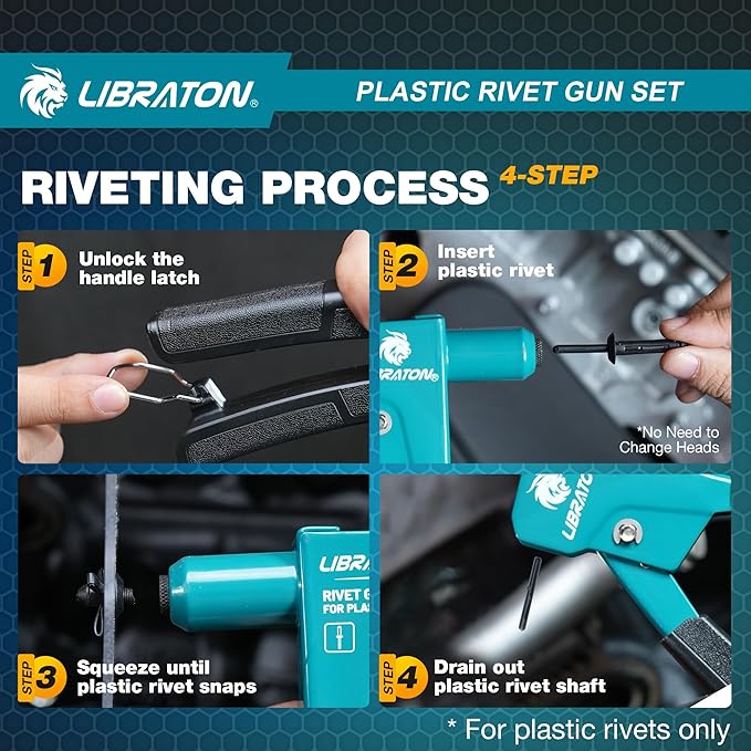 LIBRATON Plastic Rivet Gun Kit, 90 Degree Angle Hand Riveter with 40 Nylon Rivets (4 Sizes), Universal Nosepiece for Automotive/Electronics, Ergonomic & 50% Lighter Force