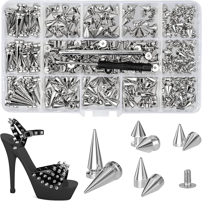 360 Pcs Punk Spikes and Studs Kit, Multiple Size Cone Spikes for Clothes, Punk Rock Style Studs and Spikes for DIY Leathercraft Decoration, Suitable for Clothing, Dog Collars, Belts, Bags (15.53oz)