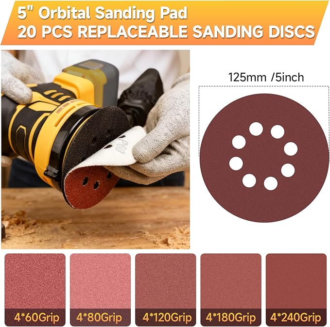 5-Inch Random Orbital Sander, Cordless Sanding Machine Compatible with Dewalt 20V Battery(NO Battery), Brushless Electric Sander with Dust Collector (Light Yellow)