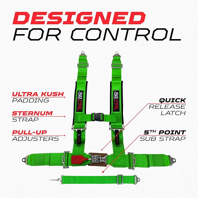 1pc 50 Cal Green 5 Point Harness w/ 2" straps, Racing Harness Seat Belt | Ultra Kush padding, Race latch quick release hardware. Universal Fit for UTV, RZR, race car. Part# 6009A1