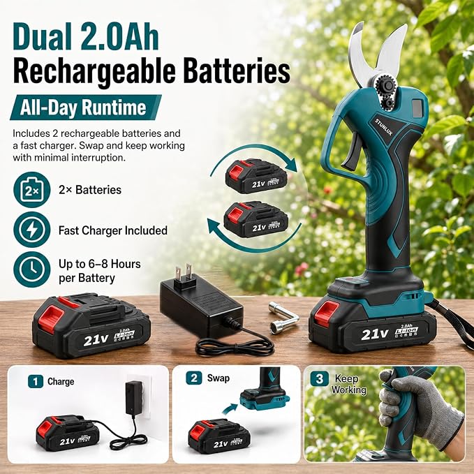 Electric Pruning Shears Cordless, 1.6" Cutting Diameter Brushless Motor Pruner with 2×2.0Ah Rechargeable Batteries, SK9 Blade, Battery Powered Tree Branch Cutter for Garden