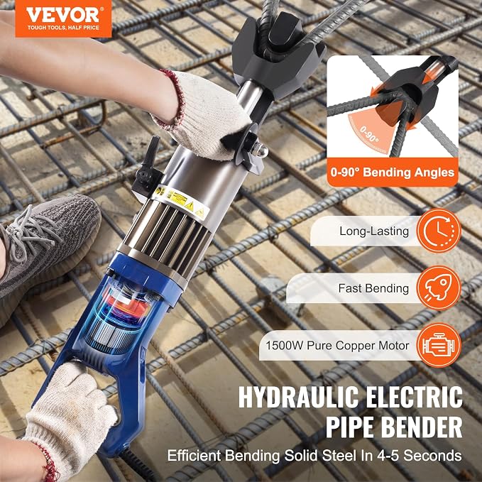 VEVOR Electric Hydraulic Rebar Bender, 1500W Portable Rebar Bending Machine, Bending up to 3/4 Inch #6 (6-20mm) within 4 Seconds, High Power Steel Rebar Bender w/Tool Case Oil Can,Black Blue RN-22