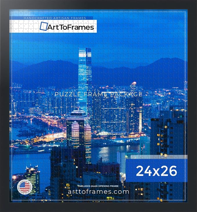 ArtToFrames Puzzle Frame for Buffalo Games 50 Piece Jigsaw Puzzles, 24x26 Inch (61x66 cm), Soft Black Engineered Wood with Economy Acrylic, Ready to Hang Puzzle Display
