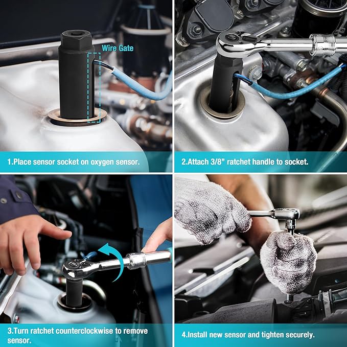 DURATECH O2 Oxygen Sensor Socket 3/8" Drive x 7/8"(22mm), Oxygen Sensor Remover Tool Chrome-Vanadium Steel with Side Wire Gate, O2 Removal and Installation