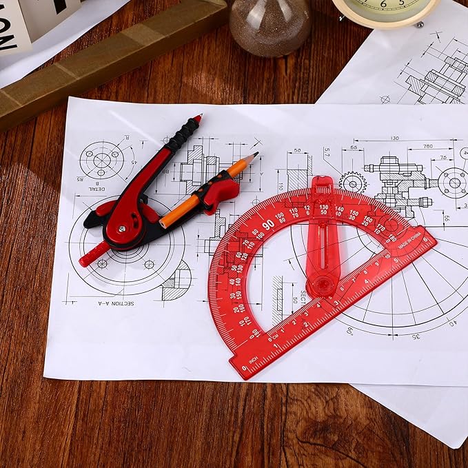 Zonon Student Protractor and Compass Set, Student Geometry Math Set Drawing Compass and 180 Degree 6 Inch Protractor with Swing Arm for Drawing Measuring School Office(Red)