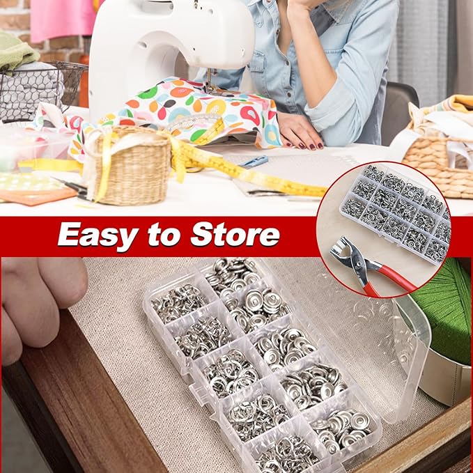 LEONTOOL Grommet Eyelet Pliers Kit 200 Sets Fabric Snaps Clothing Snaps Fasteners Kit 10mm Metal Snaps Buttons with Fastener Pliers Press Tool and Storage Box for Fabric Leather Belt Shoes Clothes