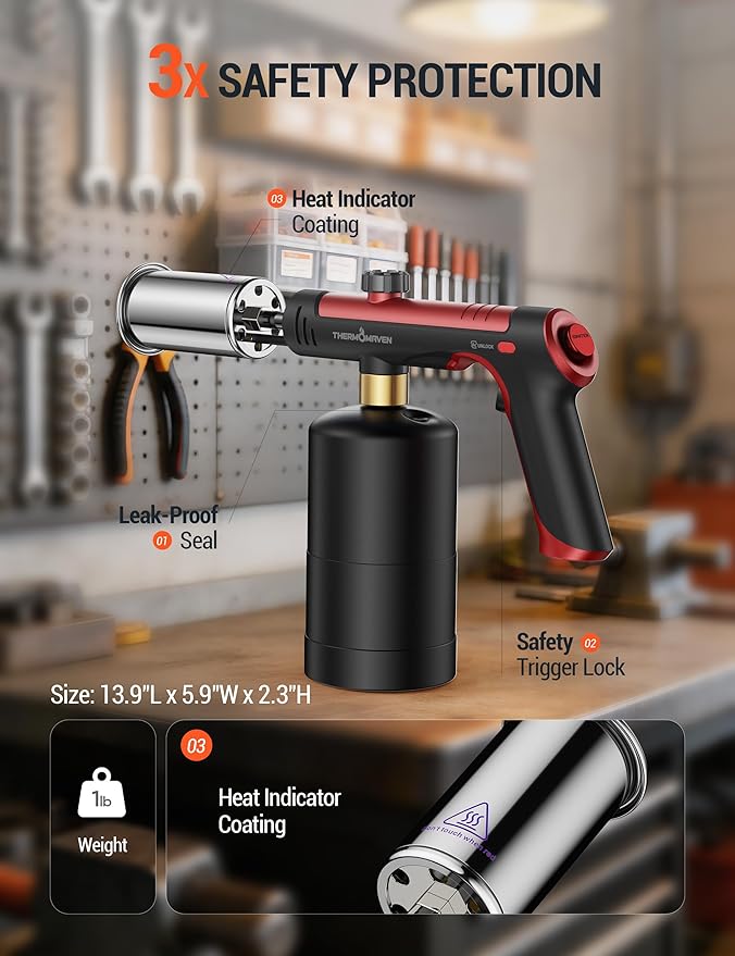 ThermoMaven Propane Torch with One-Touch Max Fire, Cooking Blow Torch Gun with Safety Lock, Charcoal Lighter, Flame Thrower, Gas Welding Kit Kitchen Food Torch Head for Grill, Sous Vide, BBQ, Red