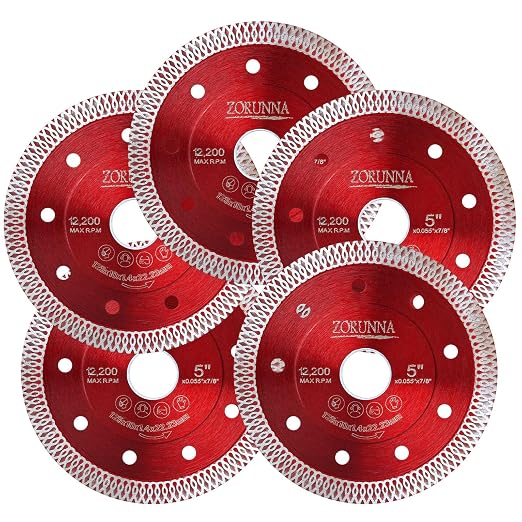 ZORUNNA 5Pcs Diamond Saw Blades, 5" Tile Grinder Cutting Blade for Angle Grinder Tile, Super Thin Indestructible Disc for Grinder for Cutting Porcelain Ceramic Granite Marble Quartz