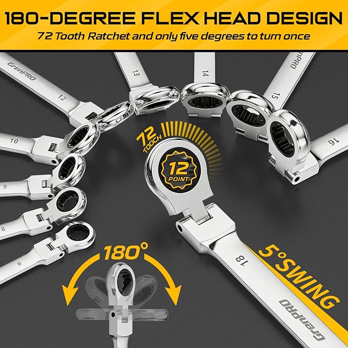 GRENPRO Ratchet Wrenches Set, 23PC Flex Head Ratcheting Wrench Set Metric and Standard & SAE, 6-18mm & 1/4" to 3/4" with Color Ring, CRV Open End Tool Organizer Pouch, Combination Ratchet Wrench Sets