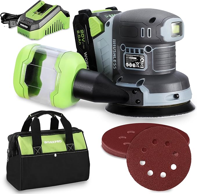 WORKPRO 5-Inch Cordless Random Orbital Sander, 20V Brushless Electric Orbit Sander, 6 Variable Speeds 6000-12000 RPM, Palm Sander with Battery, Dust Collector, 15 PCS Sanding Discs for Woodworking