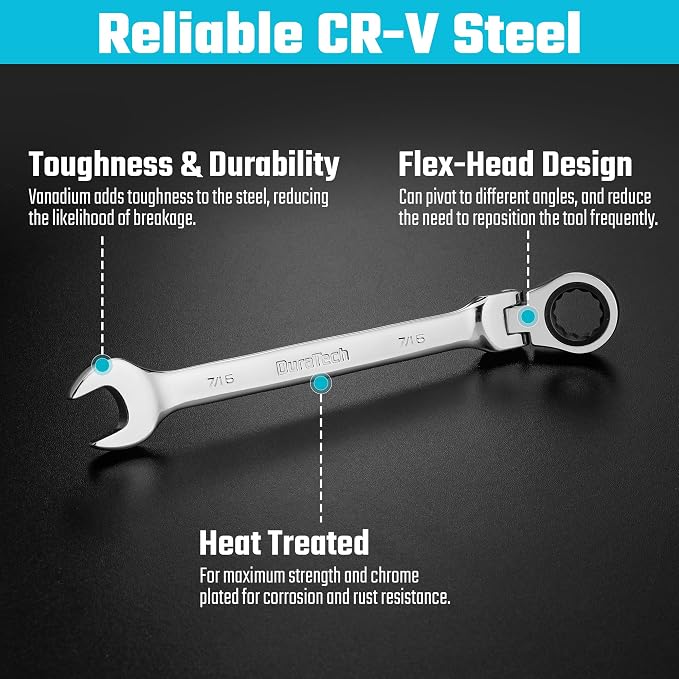 DURATECH 7/16" Flex-Head Ratcheting Combination Wrench | SAE, 72-Tooth, CR-V Steel