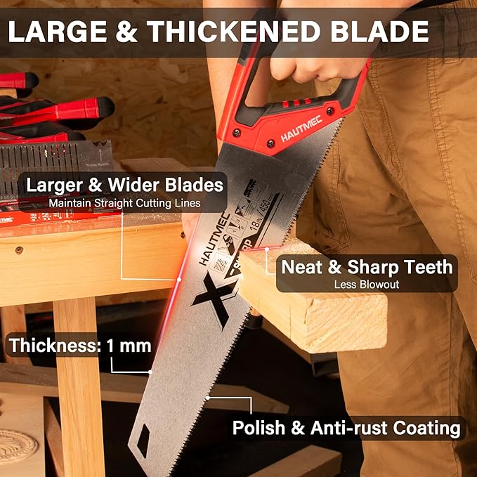 HAUTMEC X-Sharp 16" Pro Hand Saw for Wood Cutting & Woodworking, 11 TPI Crosscut Handsaw with Triple-Ground Teeth, Fine Cut Saws for PVC, Plastic & Trees
