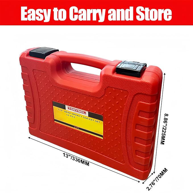 TONYNOL 1/2" Drive Deep Impact Socket Set,6‑Point,SAE 1‑1/16"‑1‑5/8",10Pcs | Heavy Duty Impact Socket Set,With a Storage Case