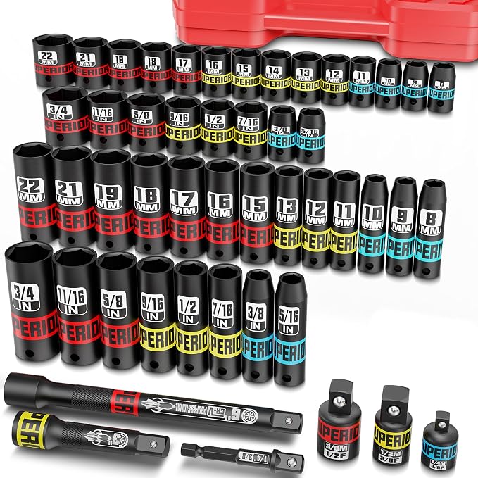 50 Piece 3/8" Drive Impact Socket Set, SAE (5/16"-3/4") and Metric (7 mm-19 mm), Deep & Shallow Sockets with Extension Bars, Adapters, Automotive Repair & Industrial Maintenance
