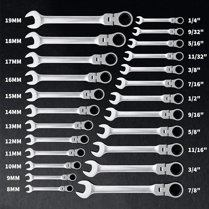 Garvee 24 Piece Ratcheting Combination SAE & Metric Wrench Set | Metric 8-19mm & SAE 1/4"-7/8" Arc CR-V Steel 72-Tooth 5° Swing | for Automotive Repair Home Maintenance