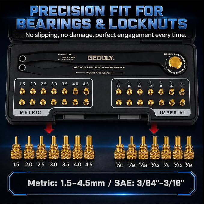 Adjustable Pin Spanner Wrench Set, Heavy Duty Shock & Lock Nut Tool | Fits coilover, shock & suspension lock nuts. Includes 14 pairs Metric/SAE pins. Adjustable hook spanner wrench tool kit.