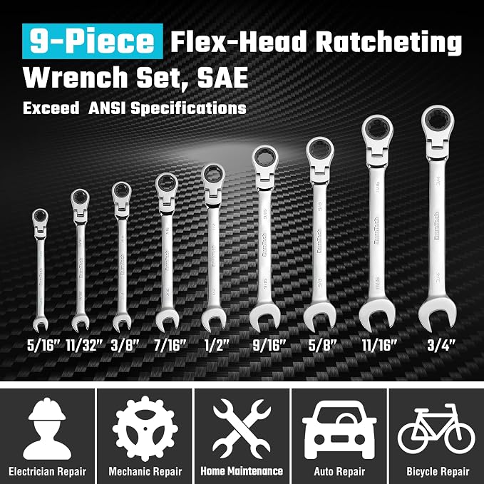 DURATECH 9-Piece Flex-Head Ratcheting Wrench Set, SAE, 5/16" to 3/4" | 5/16", 11/32", 3/8", 7/16", 1/2", 9/16", 5/8", 11/16", 3/4", 72 Tooth, CR-V Steel, Rolling Pouch Included
