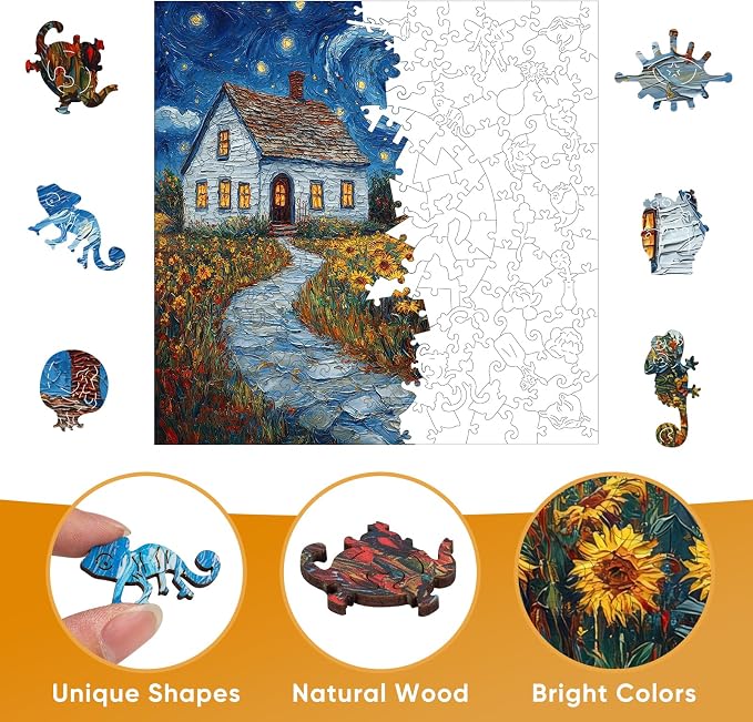 Pikoqunc Sunflower Village Wooden Puzzles for Adults,200 Pieces 11.2x11.2 in,Charming Countryside Jigsaw Puzzle with Unique Laser-Cut Pieces and Exquisite Box, for Family Fun and Festival