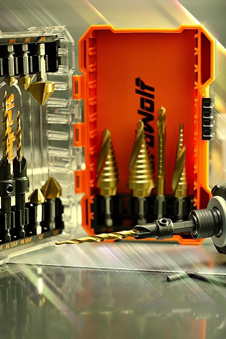 NordWolf 13-Piece HSS Titanium Spiral Flute Step Drill, 82-Degree 3 Flutes Countersink & Tapered Drill 4 Cutters Countersink and Saw Drill Bit Set with 1/4" Hex Shank in Storage Case